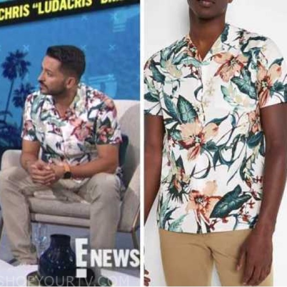 Express tropical print short sleeve collared button down shirt white green peach - Picture 1 of 10